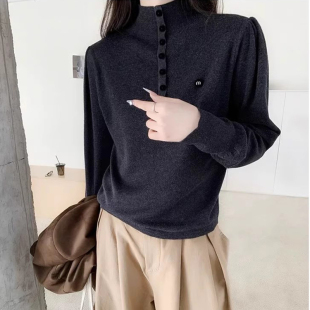 90%羊毛断色捡漏2025针织衫 气质宽松上衣毛衣女 立领纽扣胸标长袖