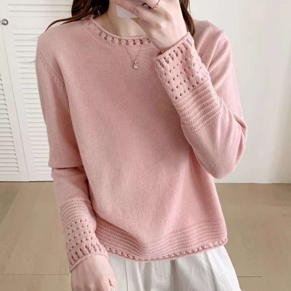 100%羊毛2026新款圆领软糯镂空宽松套头时尚长袖内搭针织衫上衣女