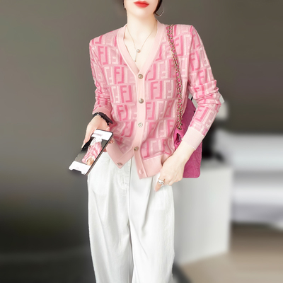 提花百搭针织粉色外套上衣女