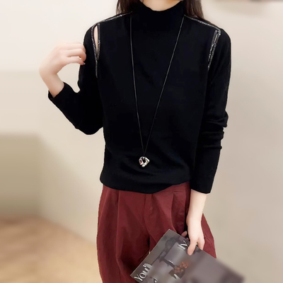 羊毛套头半高领宽松镂空烫钻