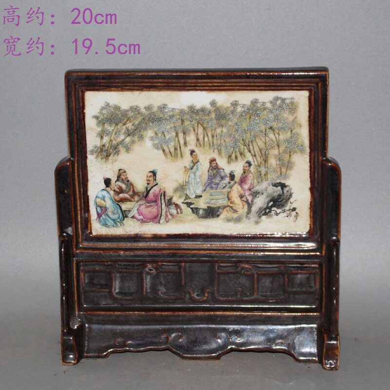 民国粉彩竹林七贤人物屏风仿古瓷器古董古玩做旧老货旧货摆件收藏