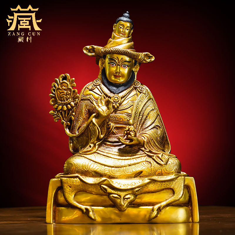 全鎏金《噶陀伏藏大师》精工铜雕花《龙萨宁波尊者》铜像摆件