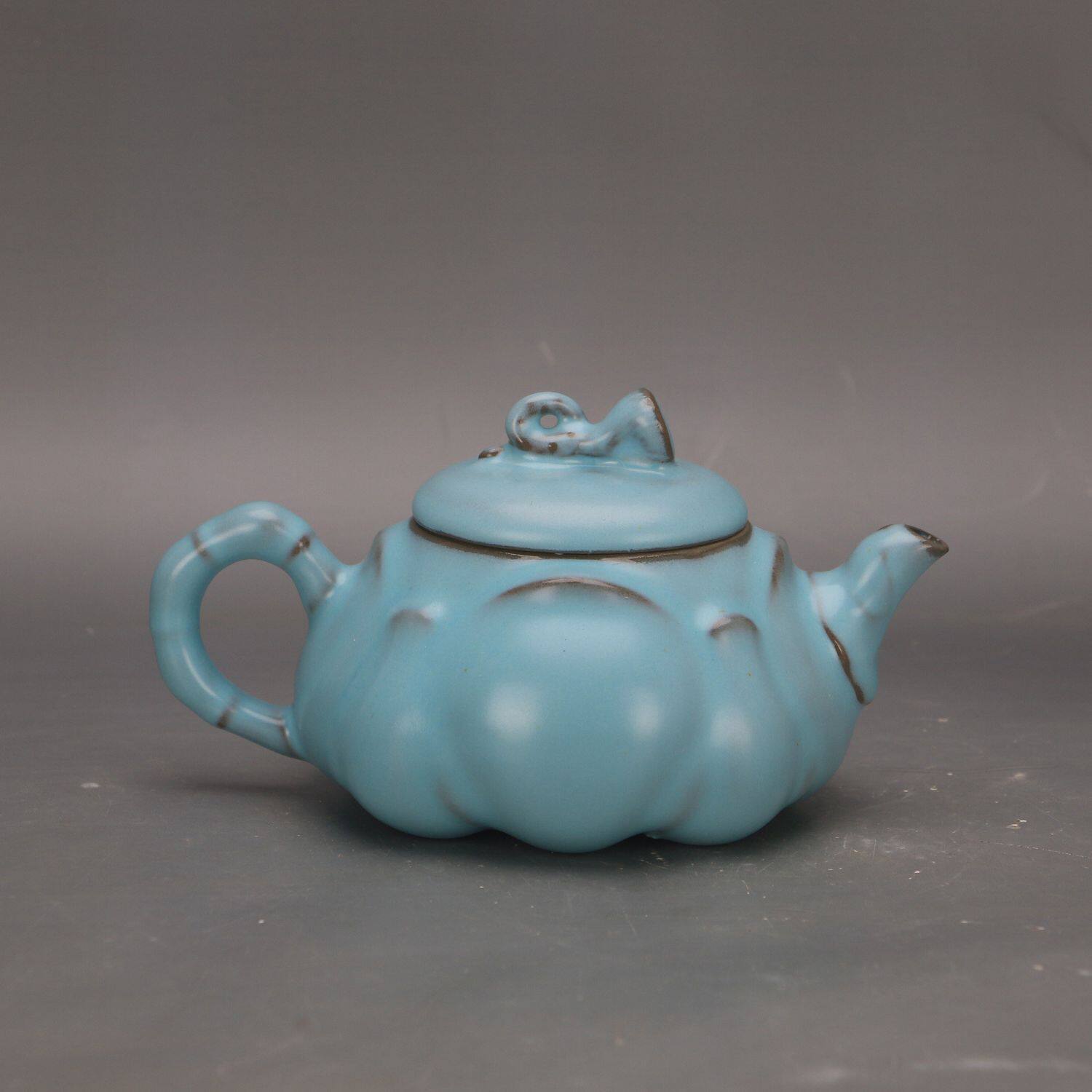 宋汝窑蓝釉皇宋宫款莲花支钉执壶中式摆件文玩古董仿古瓷器收藏品