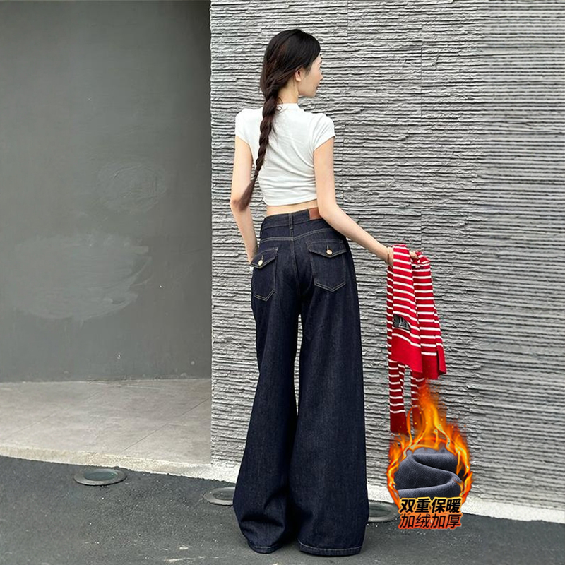 李李服饰加绒丹宁阔腿裤女2025冬季新款高腰宽松大裤脚垂感牛仔裤