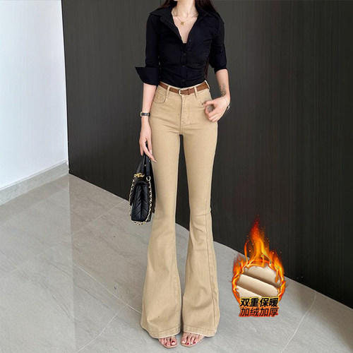 小个子浅卡其色微喇裤女