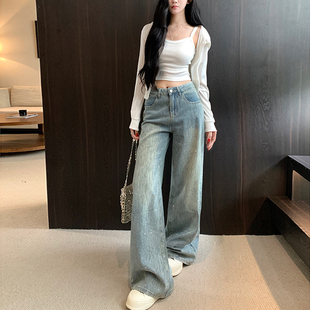 高腰宽松遮肉显瘦长裤 李李服饰银河碎钻重工阔腿牛仔裤 女2025冬季