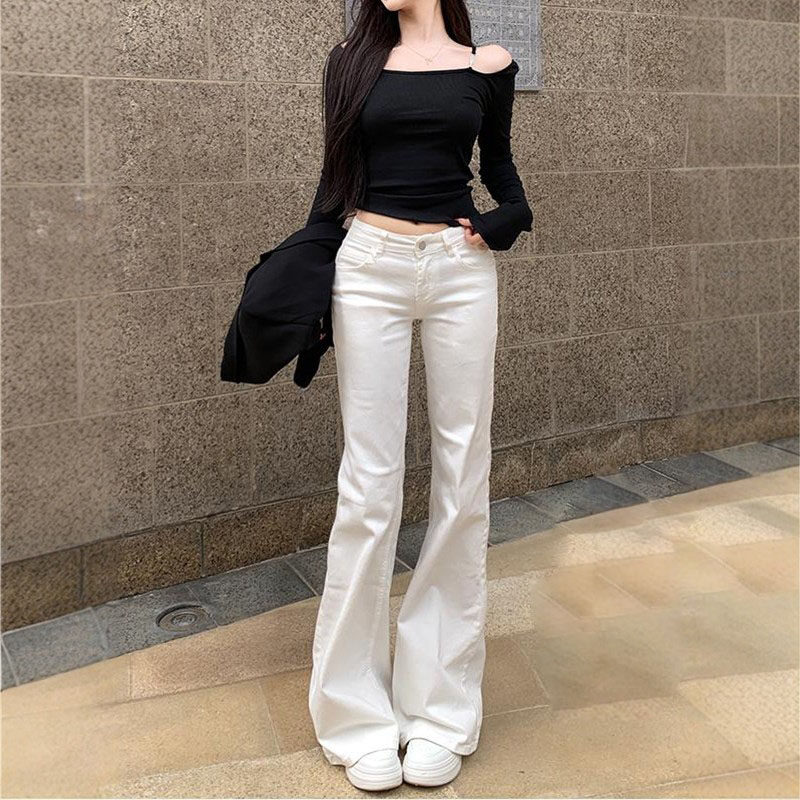 李李服饰白色低腰不贴腿微喇牛仔裤女26春季气质修身显瘦长裤