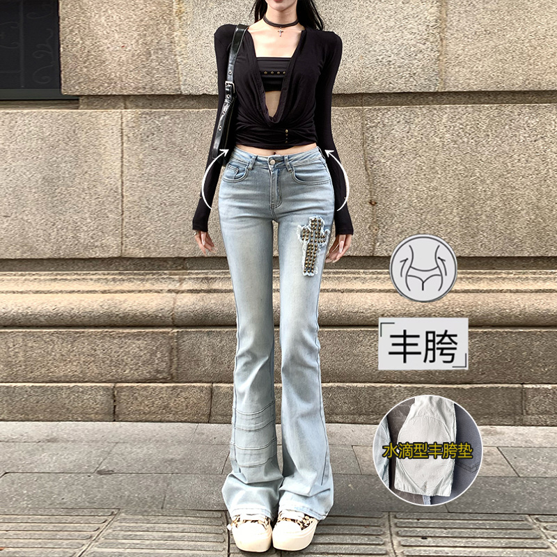 李李服饰辣妹十字架丰胯牛仔裤