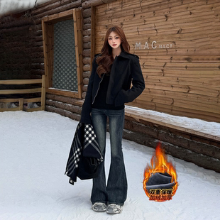 高腰百搭长裤 新款 女2025冬季 李李服饰设计感压褶加绒微喇牛仔裤