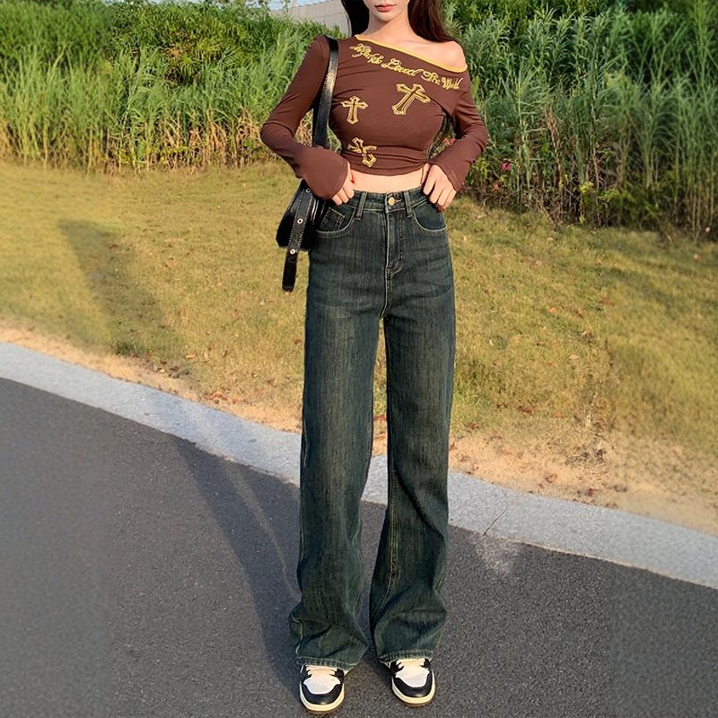 复古百搭高腰窄版直筒牛仔裤女