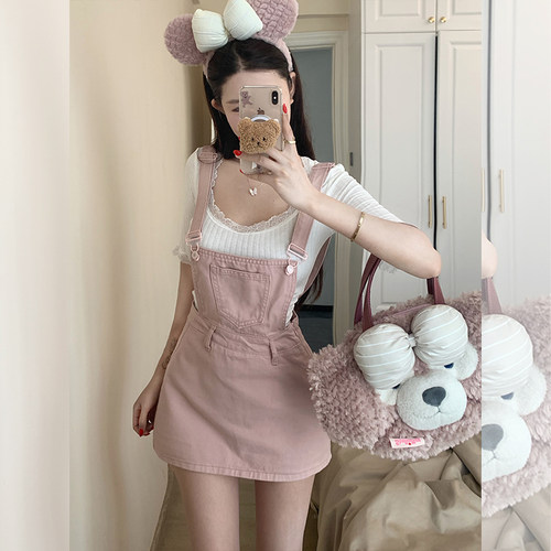 李李服饰粉色甜美牛仔背带短裙女2026夏季薄款宽松减龄防走光裙裤