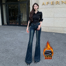 李李服饰加绒蓝灰色小个子微喇牛仔裤女低腰2025年冬季新款喇叭裤