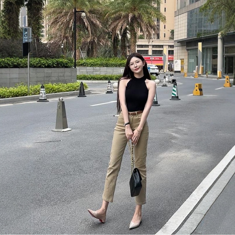 李李服饰卡其色老钱风九分直筒牛仔裤女25夏季新款高腰弹力九分裤