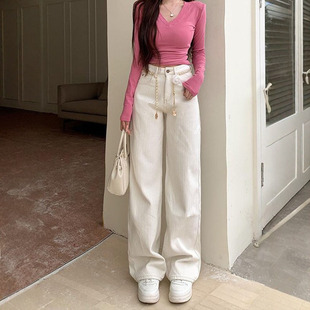 高腰长裤 新款 女2026年夏季 李李服饰山茶花小香格纹阔腿牛仔裤