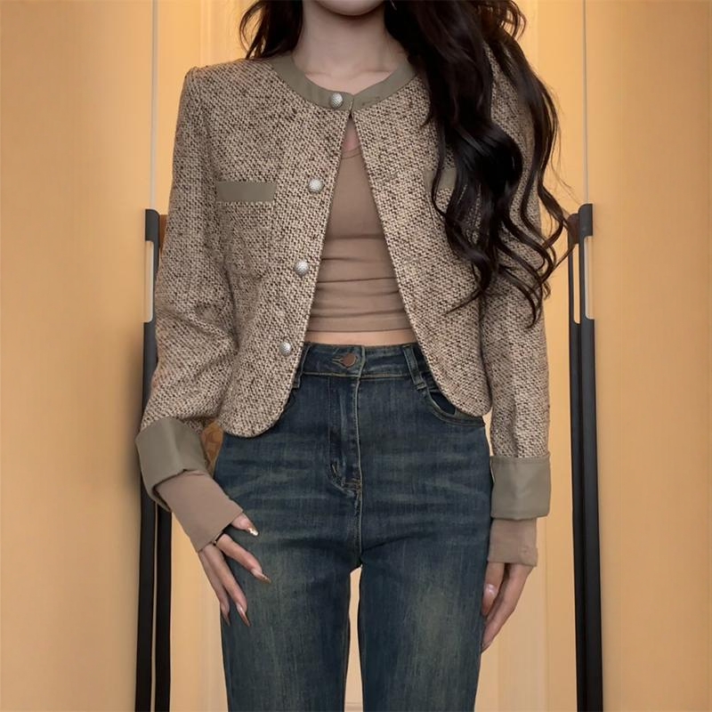 法式撞色圆领小香风外套女