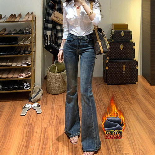 线条刺绣微喇牛仔裤女