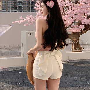 李李服饰纯白立体蝴蝶结牛仔短裤 25夏季 甜美纯欲高腰紧身显瘦热裤