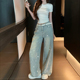 高腰宽松显瘦休闲长裤 李李服饰满钻细闪烫钻阔腿牛仔裤 女2026夏款