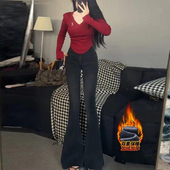 李李服饰加绒高腰排扣微喇牛仔裤 显瘦鱼尾喇叭裤 女2026年冬季 新款