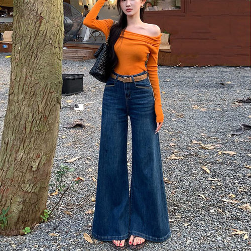 不贴腿复古喇叭牛仔长裤女
