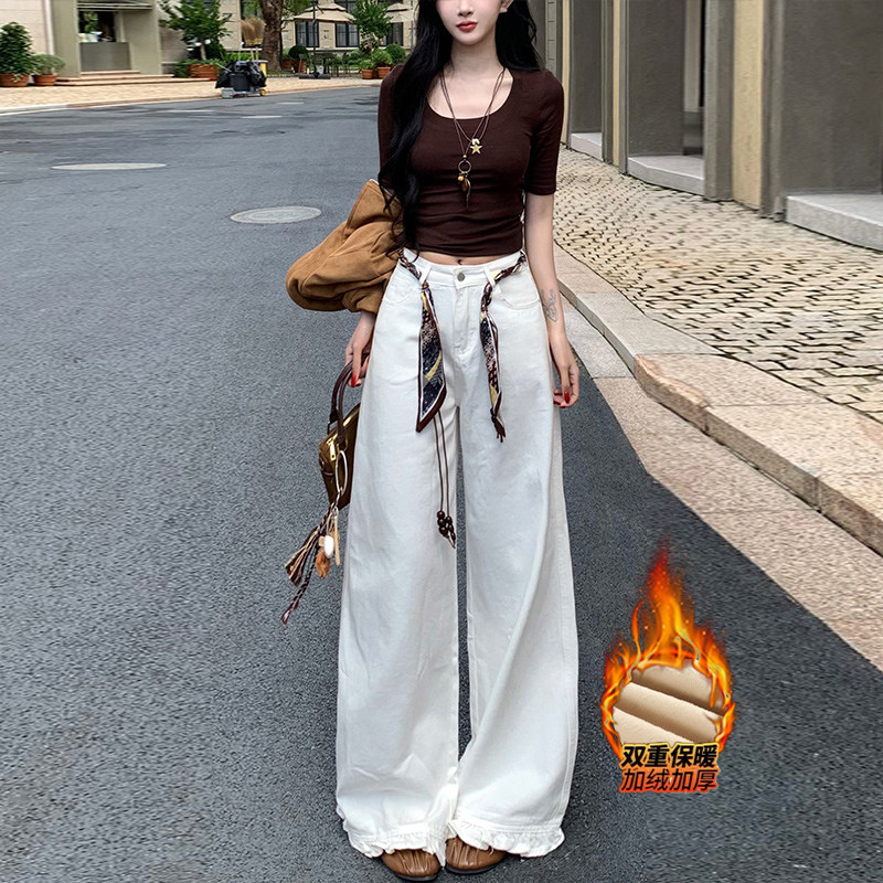 设计感木耳边牛仔裤女