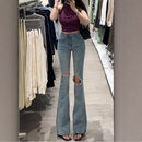 李李服饰设计感破洞设计微喇牛仔裤 女2025夏季 弹力显瘦高腰喇叭裤