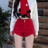 高腰显瘦显腿提臀热裤 李李服饰加绒不规则弧形牛仔短裤 女2026冬季