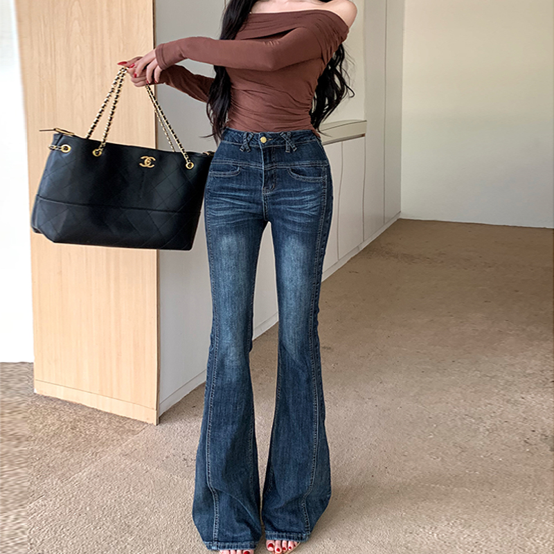 辣妹深海蓝微喇牛仔裤女