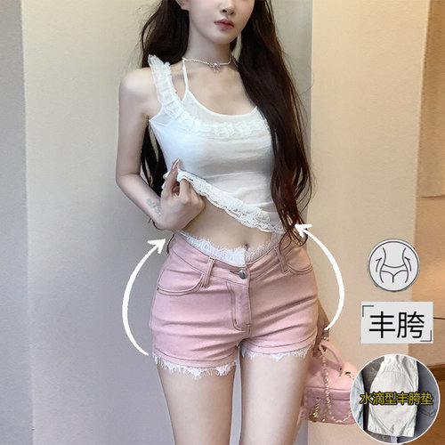 低腰V型蕾丝边丰胯牛仔短裤女