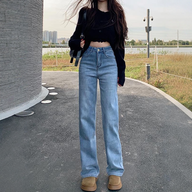 高腰窄版显瘦显高直筒牛仔裤女