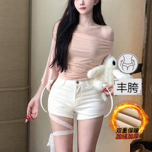 高腰显瘦牛仔热裤 李李服饰加绒蕾丝绑带纯欲丰胯小短裤 女2025冬季