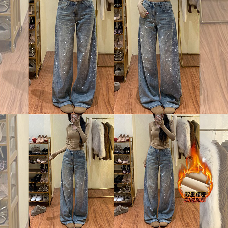 李李服饰耀眼星河烫钻加绒牛仔裤女2025年冬季高腰显瘦阔腿堆堆裤