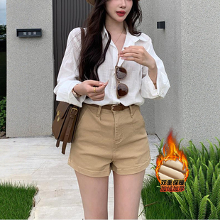 高腰百搭阔腿短裤 新款 女25冬季 李李服饰加绒简约纯色休闲牛仔短裤