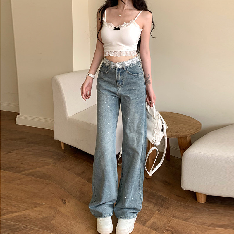 李李服饰蕾丝边闪钻直筒牛仔裤女2026冬款轻奢高腰宽松显瘦拖地裤,女装/女士精品,牛仔裤,淘宝优惠券,粉丝福利购,淘宝优惠卷