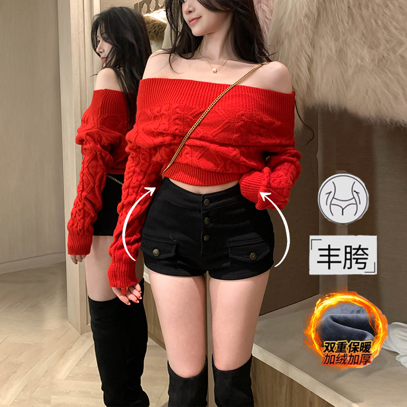 李李服饰性感时髦丰胯加绒牛仔短裤女2026年冬季黑色高腰多扣热裤,女装/女士精品,短裤,淘宝优惠券,粉丝福利购,淘宝优惠卷