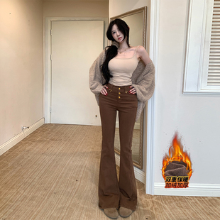 李李服饰咖色多扣加绒微喇牛仔裤女2025年冬季高腰显瘦提臀超模裤