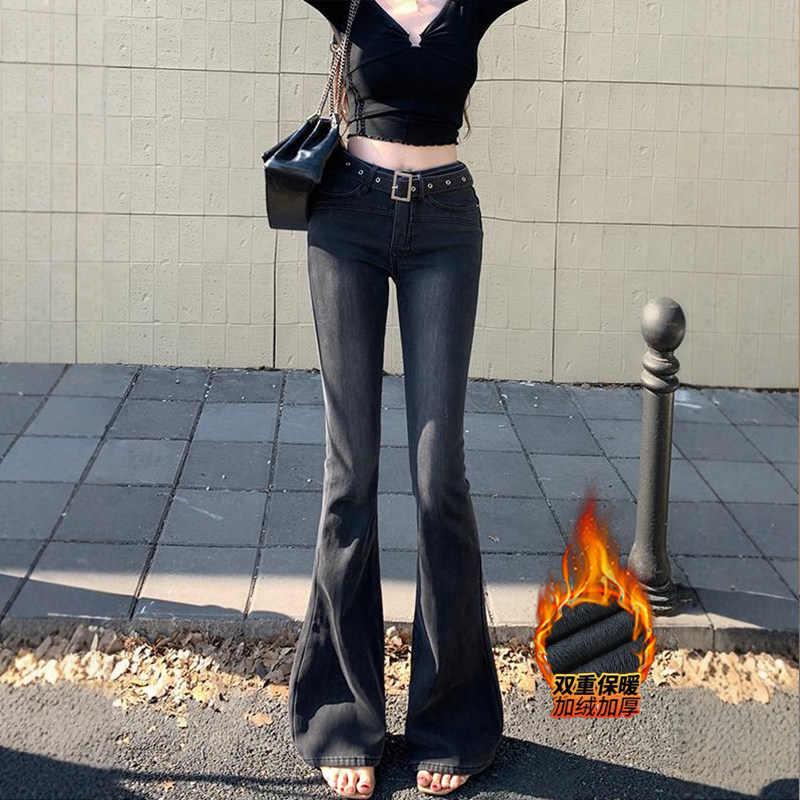 美式烟灰腰带微喇裤女2025夏季