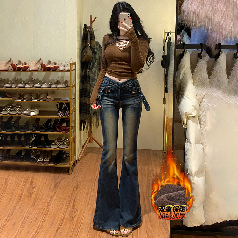 李李服饰复古辣妹交叉腰带中低腰加绒牛仔裤女2026冬季显瘦微喇裤,女装/女士精品,牛仔裤,淘宝优惠券,粉丝福利购,淘宝优惠卷