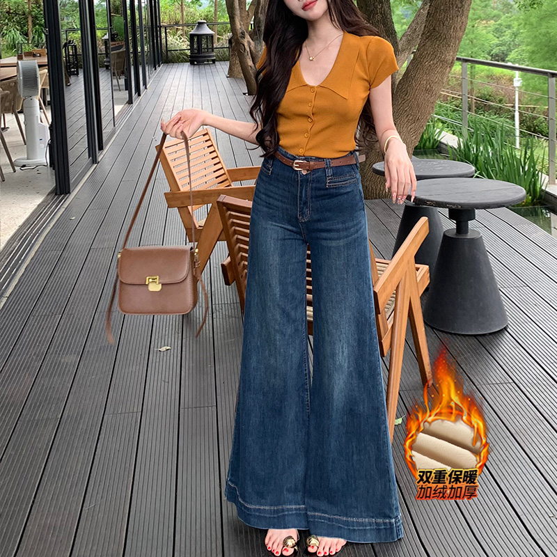 李李服饰加绒港味超阔腿牛仔裤女2025冬季高腰不贴腿显腿长拖地裤