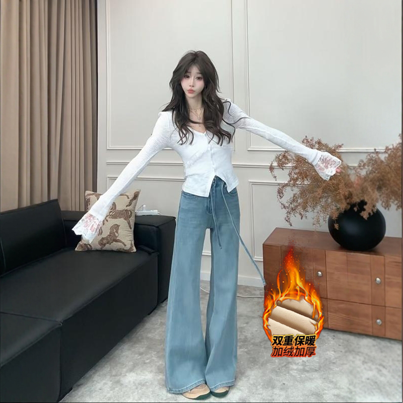 抽绳高腰不贴腿微喇裤女2025夏季