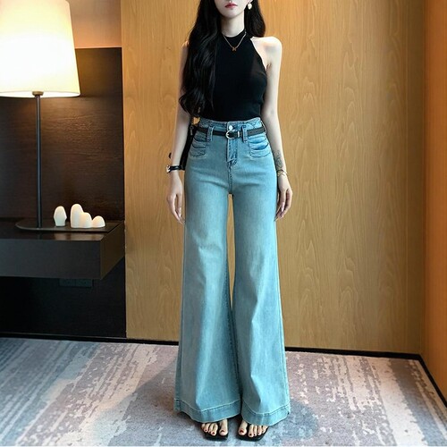 海蓝高腰不贴腿喇叭牛仔裤女