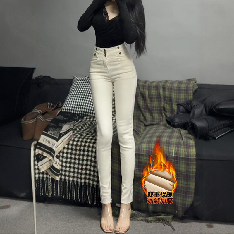 李李服饰加绒米白色高腰小脚牛仔裤女2025冬季新款显瘦铅笔裤
