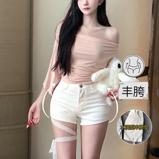 李李服饰蕾丝绑带纯欲丰胯小短裤女2026春季高腰显瘦牛仔热裤