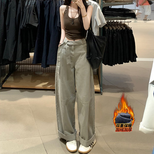 灰绿色飘带阔腿牛仔裤女