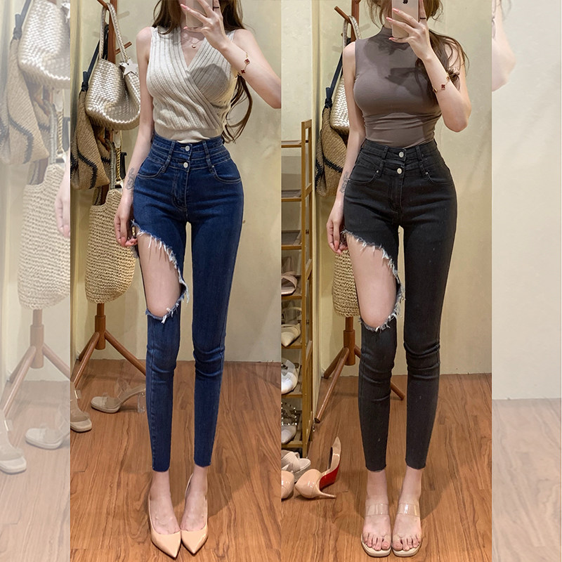 李李服饰破洞小脚牛仔裤女2026年夏季新款辣妹时髦高腰美腿铅笔裤