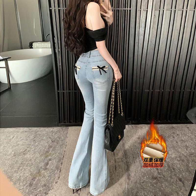 纯欲风少女蝴蝶蕾丝微喇牛仔裤女