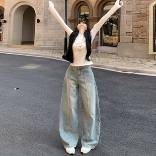 高腰百搭休闲弯刀裤 李李服饰潮流浅色宽松阔腿牛仔裤 女2025年冬季