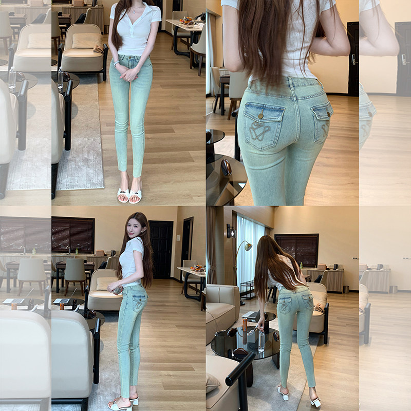 李李服饰怀旧水洗刺绣小脚牛仔裤女2026年夏季百搭高腰辣妹紧身裤