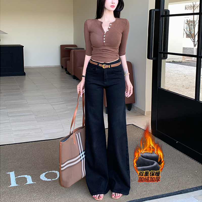 黑色老钱风不贴腿微喇裤女