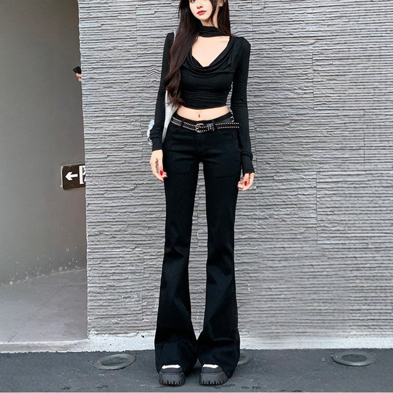 李李服饰黑色低腰辣妹微喇牛仔裤女2026春季新款显瘦百搭长裤